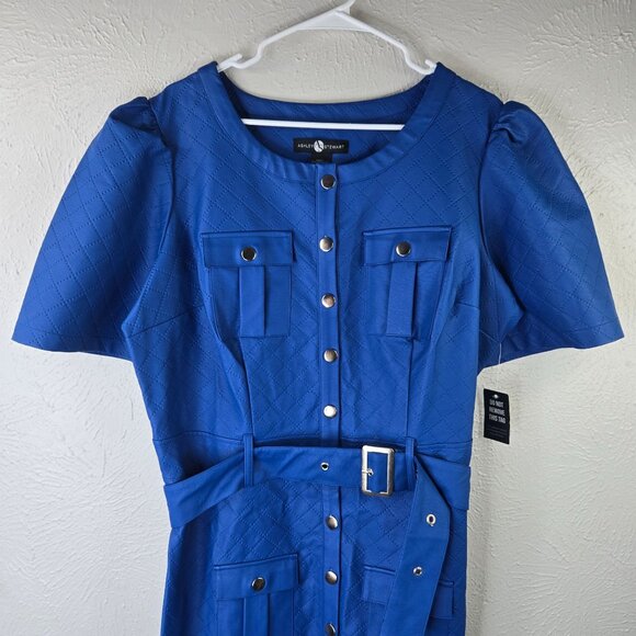 Ashley Stewart Faux Leather Midi Dress Royal Blue Button Down Belted Edgy Retro - Picture 5 of 13